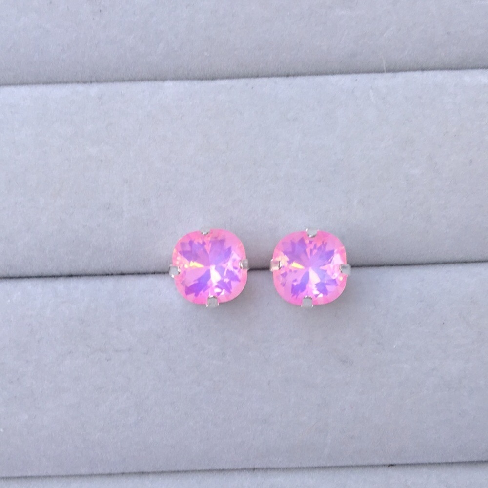 Pink Opal Aurora Borealis Cushion Cut + Silver Crystal Earrings - Picture 3 of 5